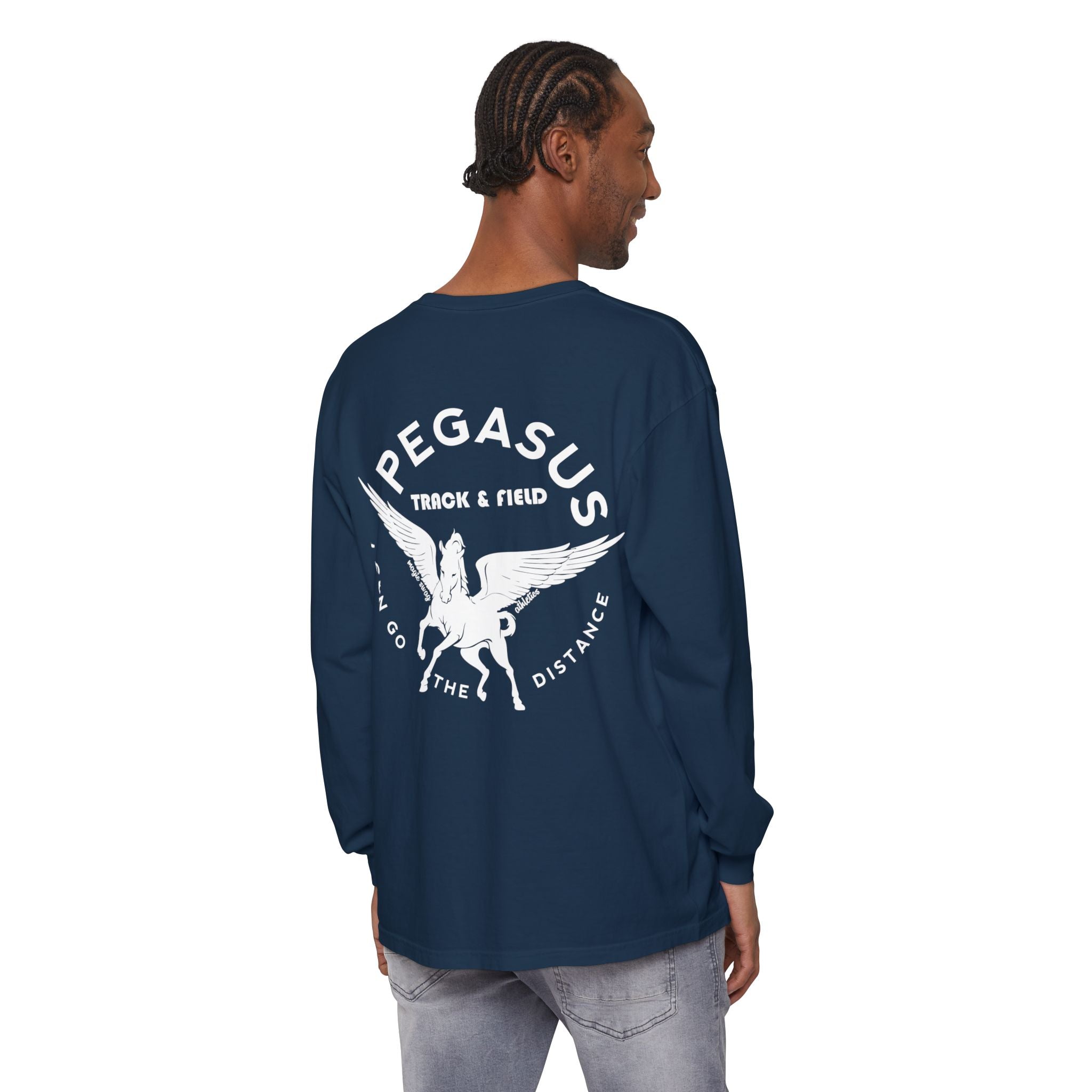 Pegasus Track & Field Long Sleeve T-Shirt - Unisex Garment-Dyed Graphic Tee