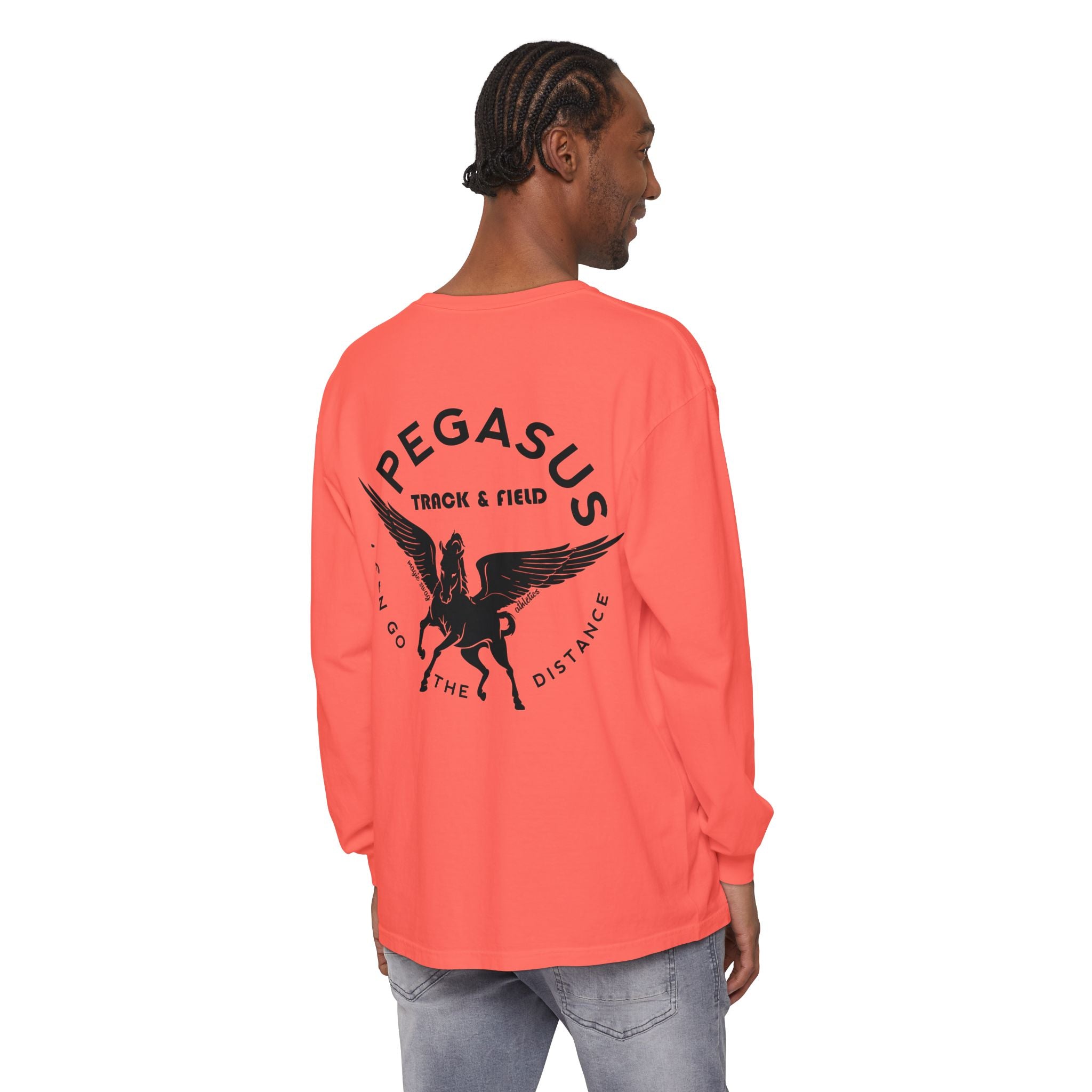 Pegasus Track & Field Long Sleeve T-Shirt - Unisex Garment-Dyed Graphic Tee