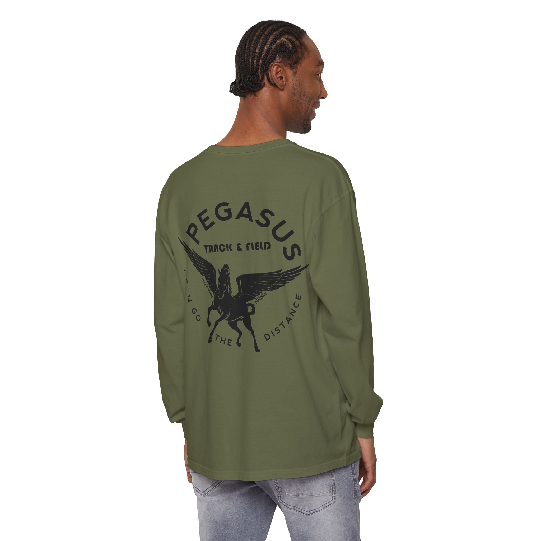 Pegasus Track & Field Long Sleeve T-Shirt - Unisex Garment-Dyed Graphic Tee