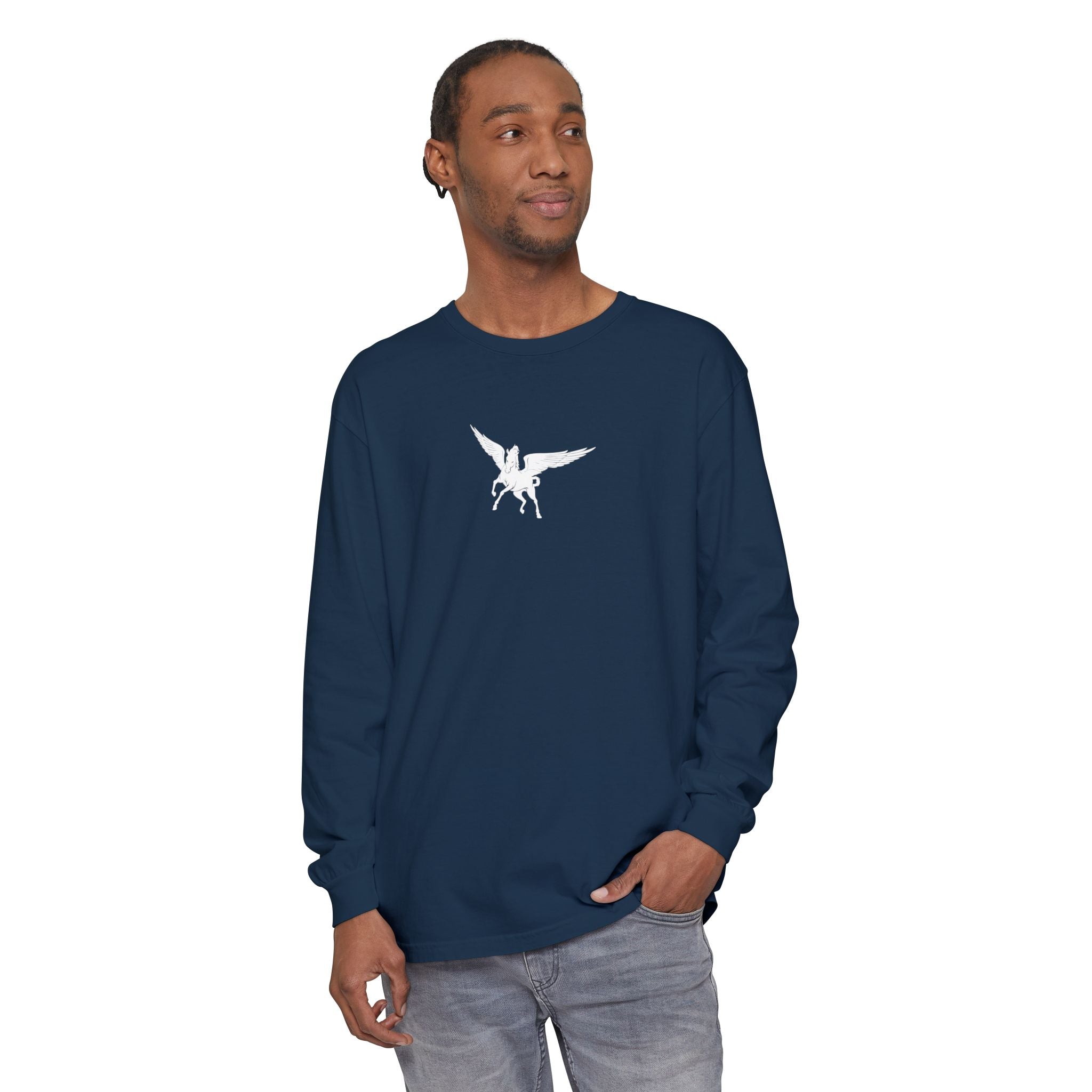 Pegasus Track & Field Long Sleeve T-Shirt - Unisex Garment-Dyed Graphic Tee