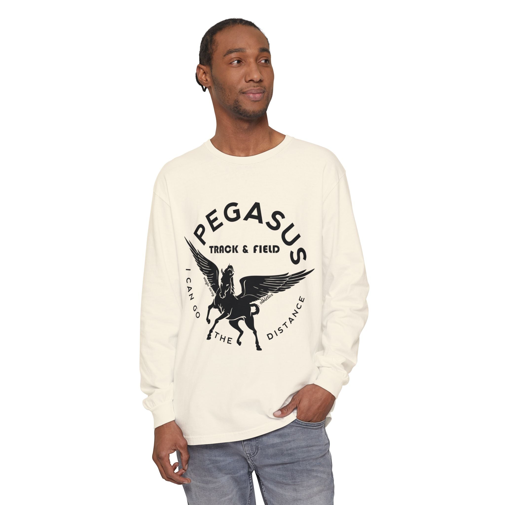 Pegasus Track & Field Long Sleeve T-Shirt - Unisex Garment-Dyed Graphic Tee