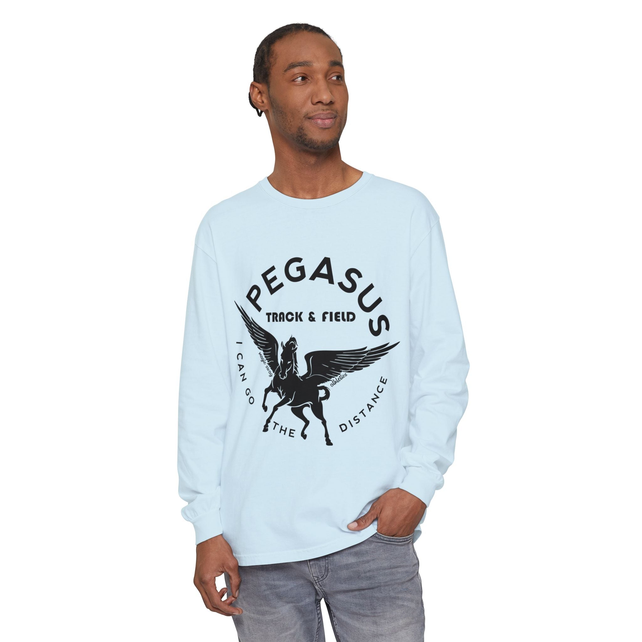Pegasus Track & Field Long Sleeve T-Shirt - Unisex Garment-Dyed Graphic Tee