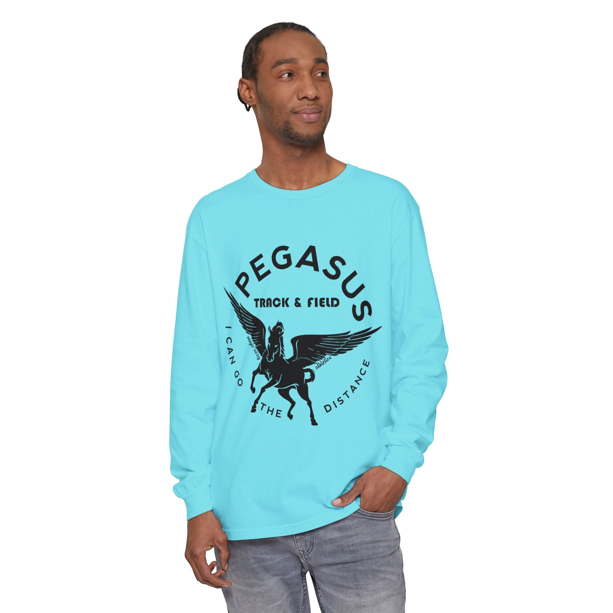 Pegasus Track & Field Long Sleeve T-Shirt - Unisex Garment-Dyed Graphic Tee