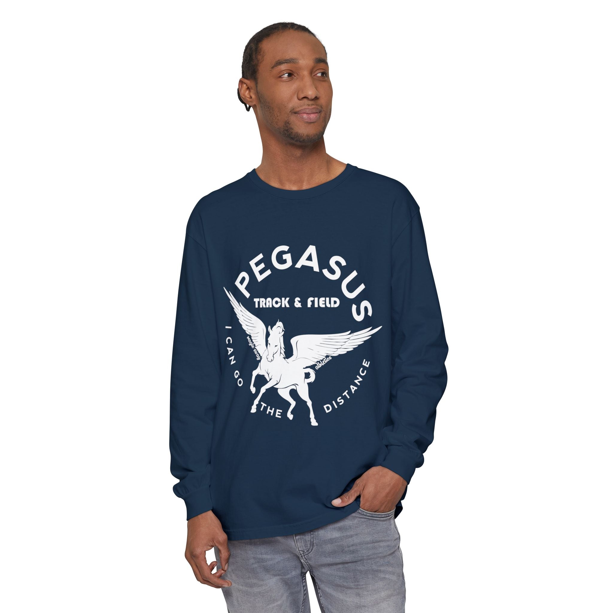 Pegasus Track & Field Long Sleeve T-Shirt - Unisex Garment-Dyed Graphic Tee