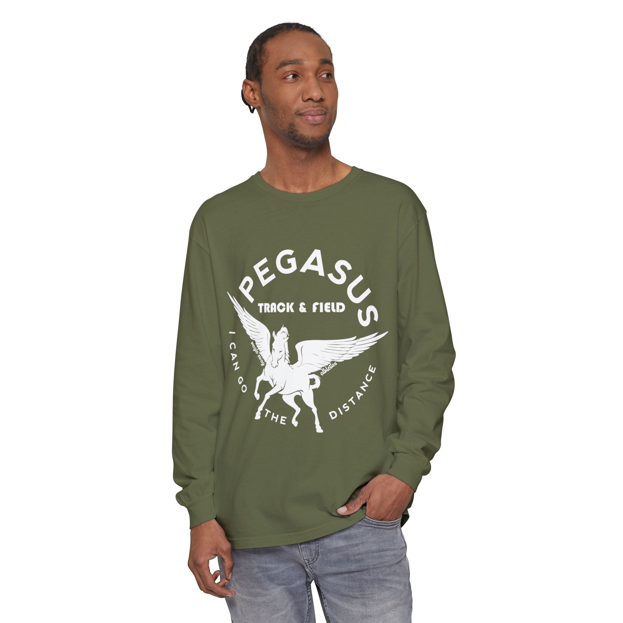 Pegasus Track & Field Long Sleeve T-Shirt - Unisex Garment-Dyed Graphic Tee