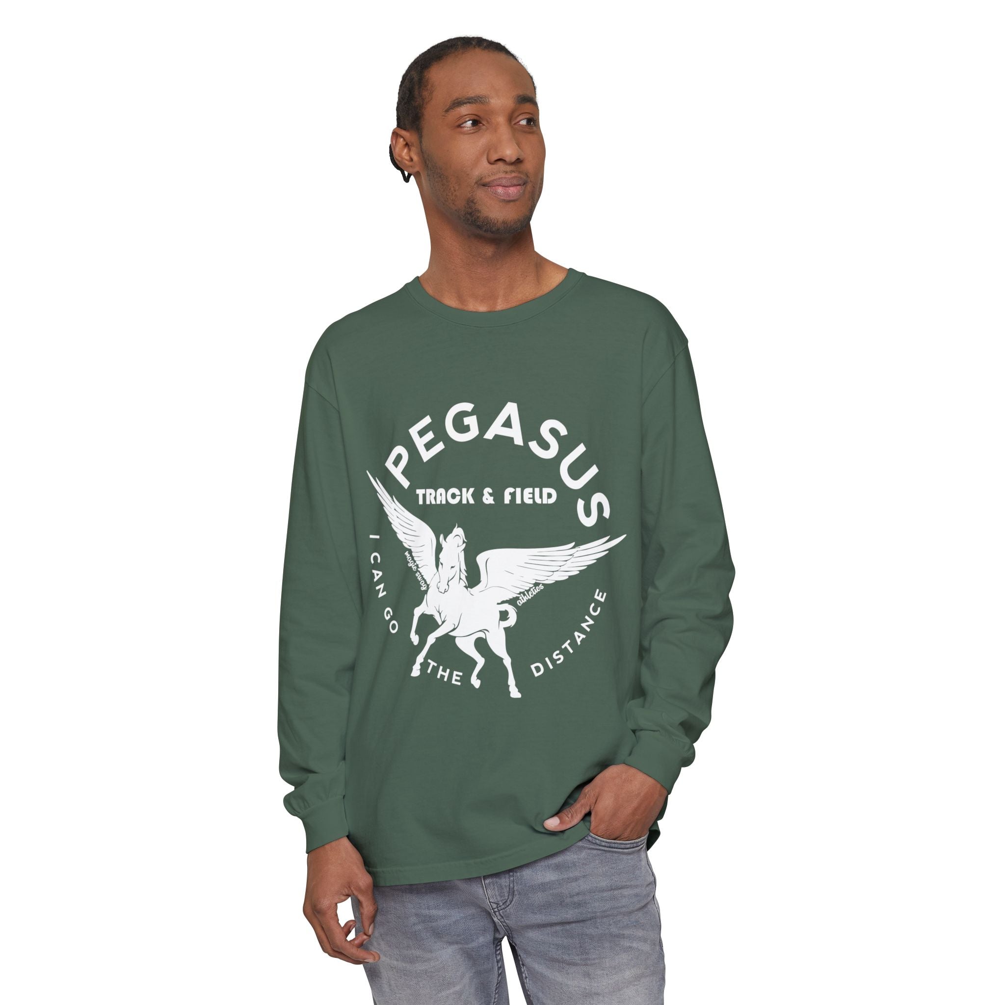 Pegasus Track & Field Long Sleeve T-Shirt - Unisex Garment-Dyed Graphic Tee