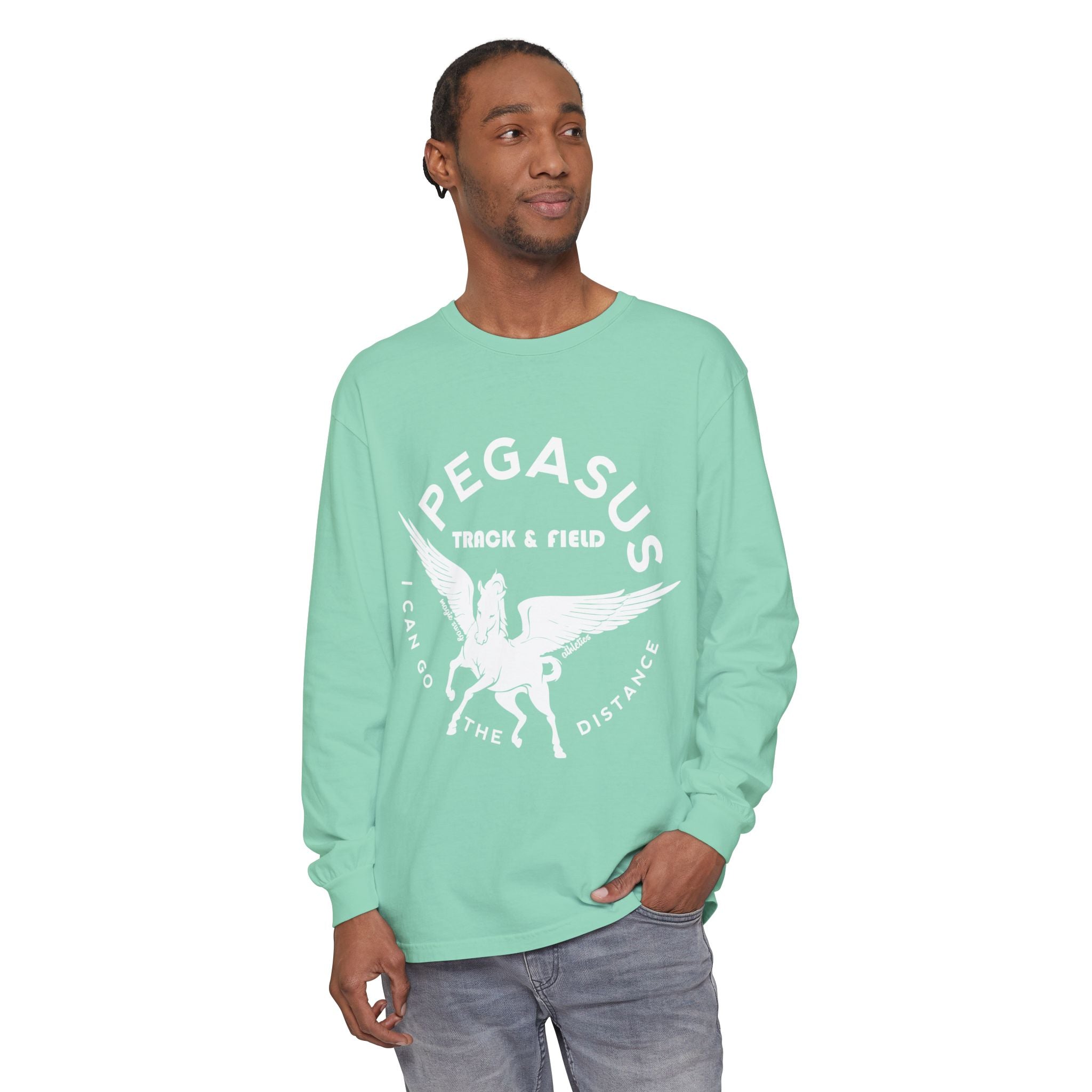 Pegasus Track & Field Long Sleeve T-Shirt - Unisex Garment-Dyed Graphic Tee