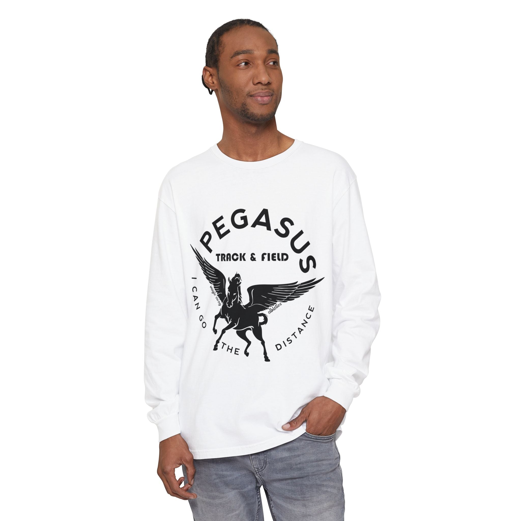 Pegasus Track & Field Long Sleeve T-Shirt - Unisex Garment-Dyed Graphic Tee