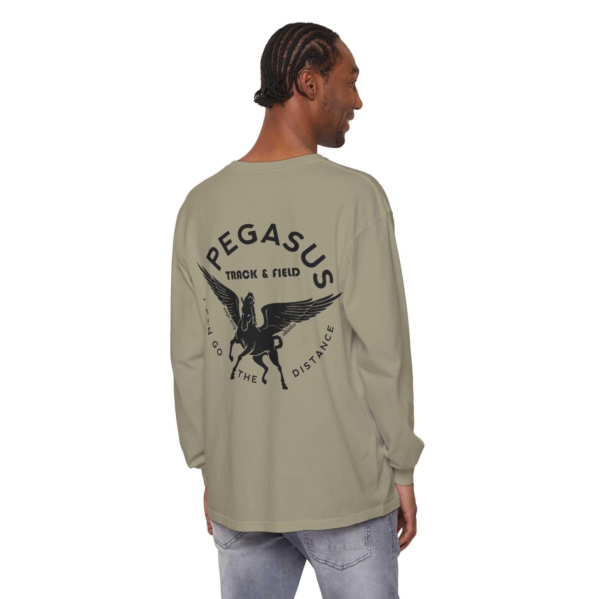 Pegasus Track & Field Long Sleeve T-Shirt - Unisex Garment-Dyed Graphic Tee