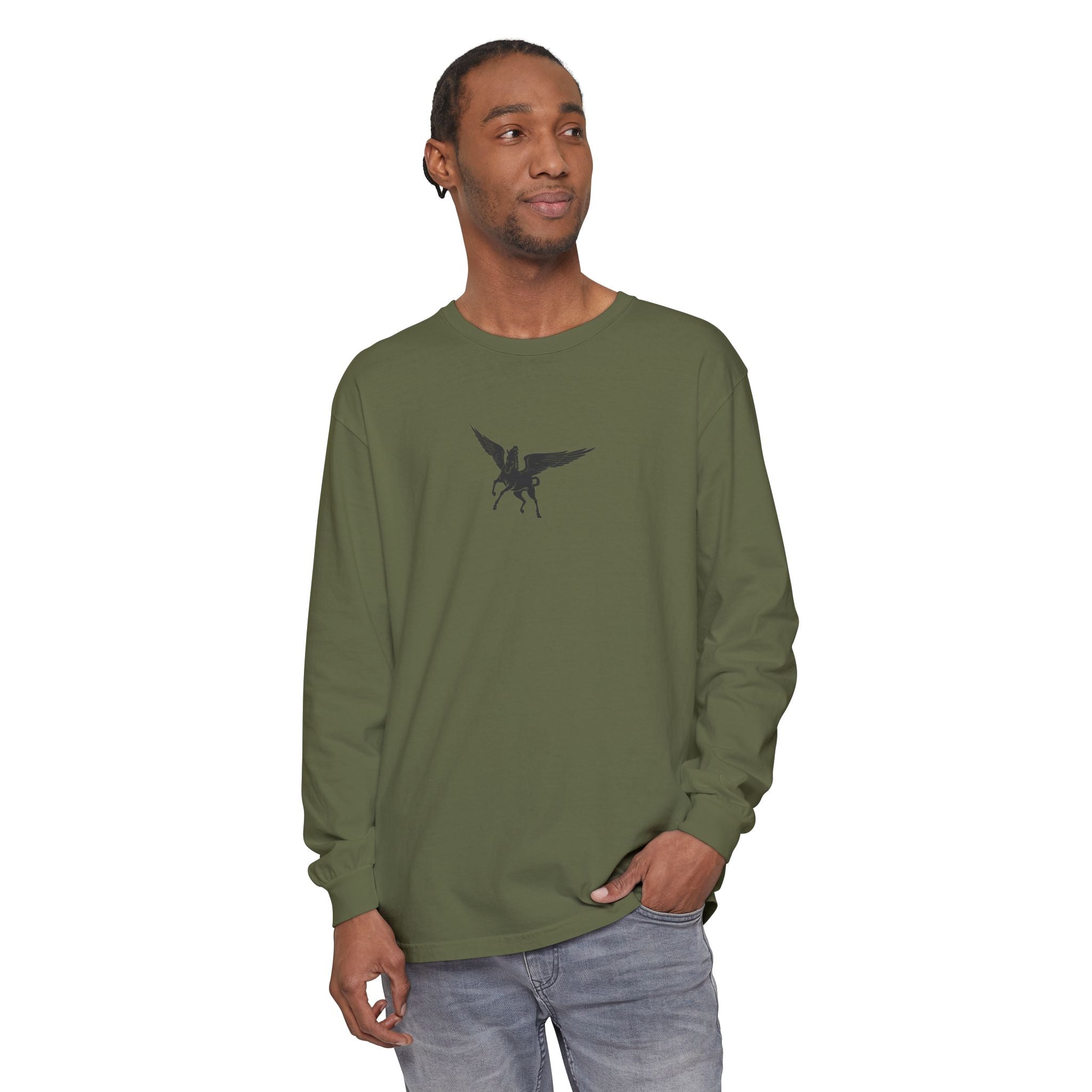 Pegasus Track & Field Long Sleeve T-Shirt - Unisex Garment-Dyed Graphic Tee