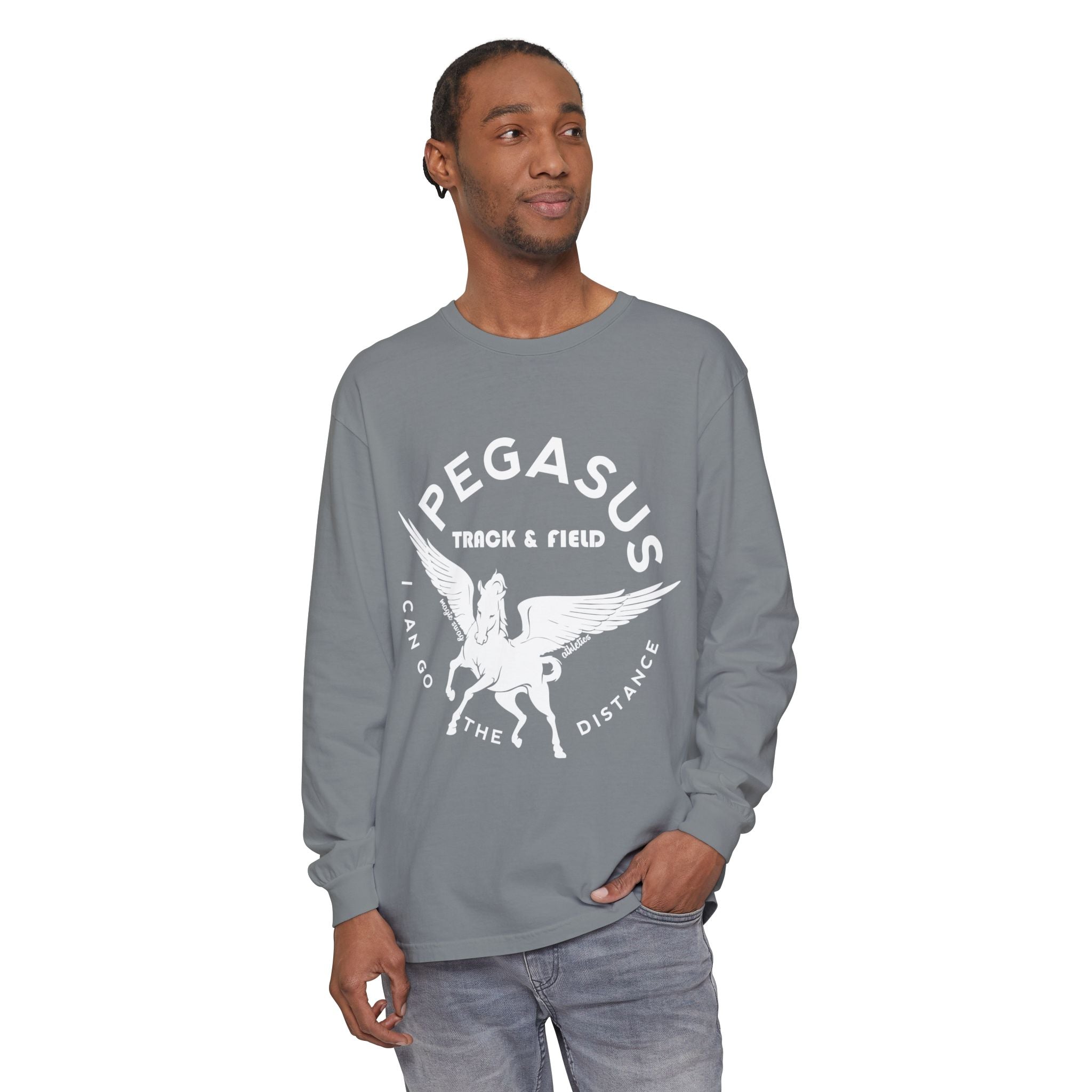 Pegasus Track & Field Long Sleeve T-Shirt - Unisex Garment-Dyed Graphic Tee