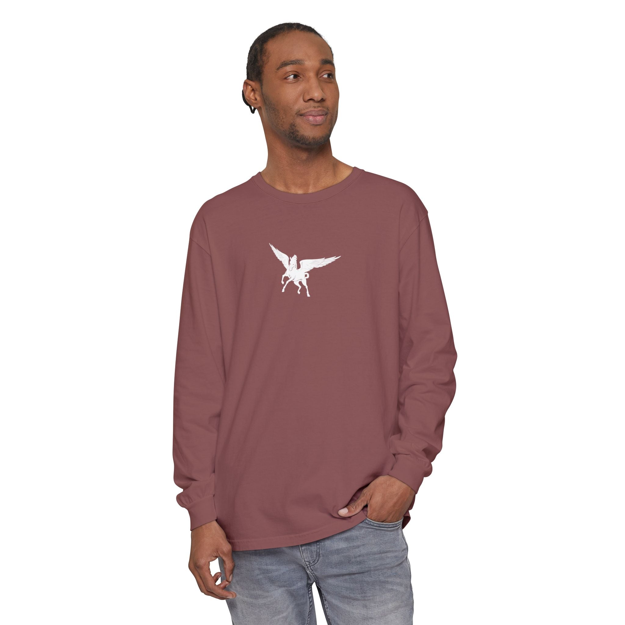 Pegasus Track & Field Long Sleeve T-Shirt - Unisex Garment-Dyed Graphic Tee