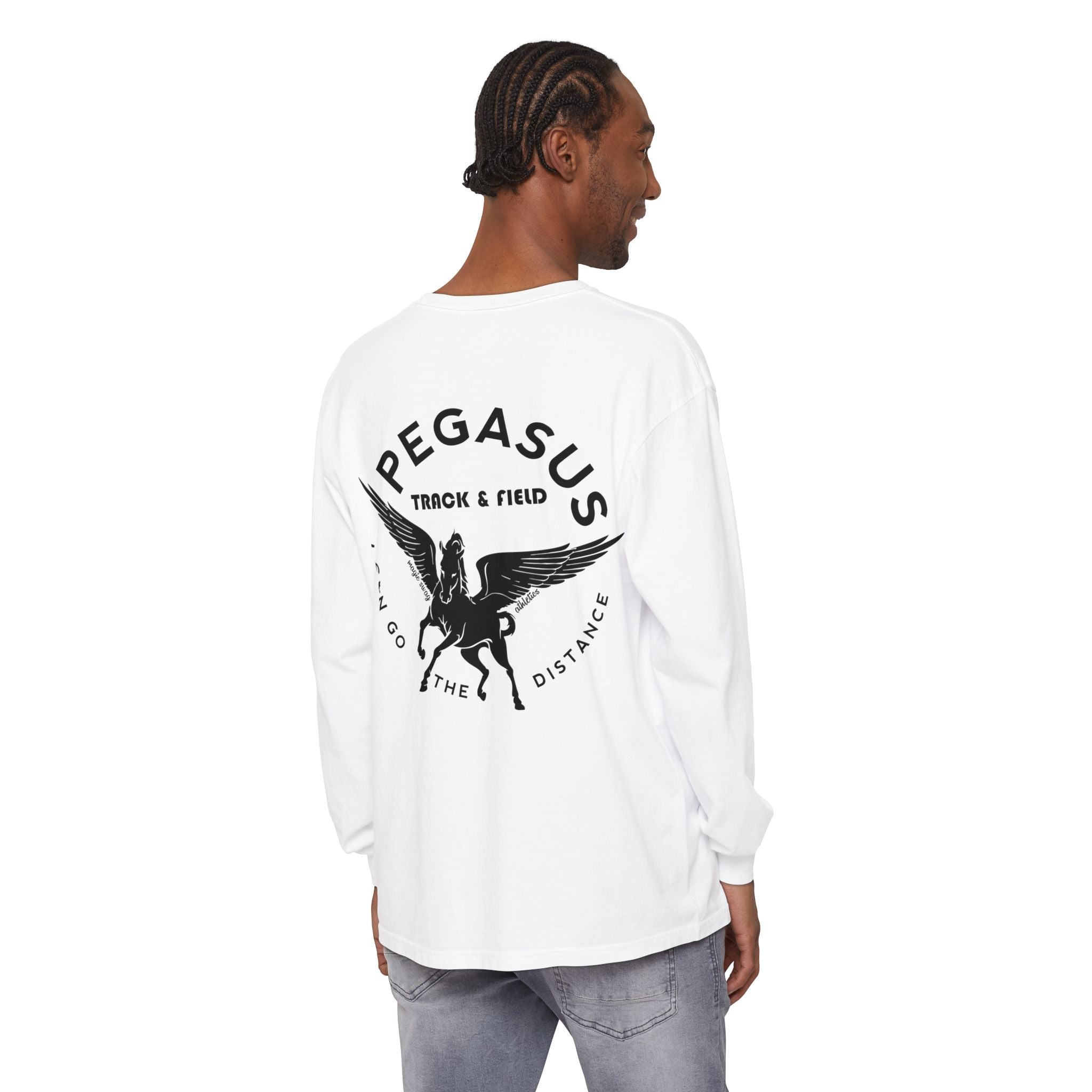 Pegasus Track & Field Long Sleeve T-Shirt - Unisex Garment-Dyed Graphic Tee