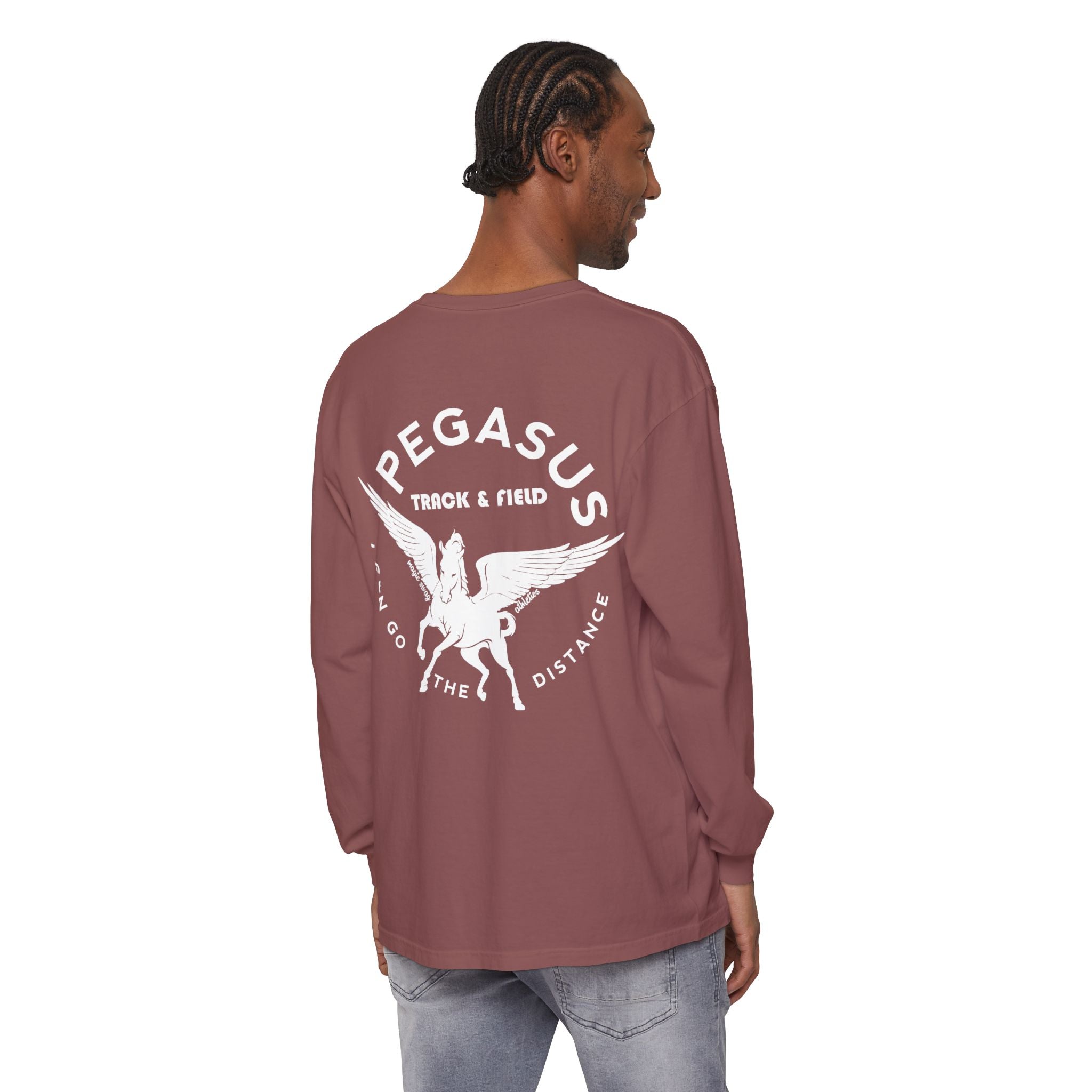 Pegasus Track & Field Long Sleeve T-Shirt - Unisex Garment-Dyed Graphic Tee